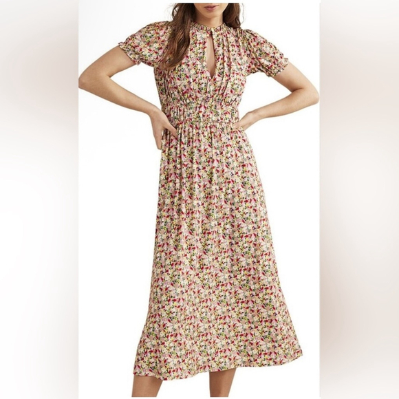 Boden Ruched strech Jersey Pink Floral Maxi Dress women short sleeve plus 14R - Picture 3 of 13